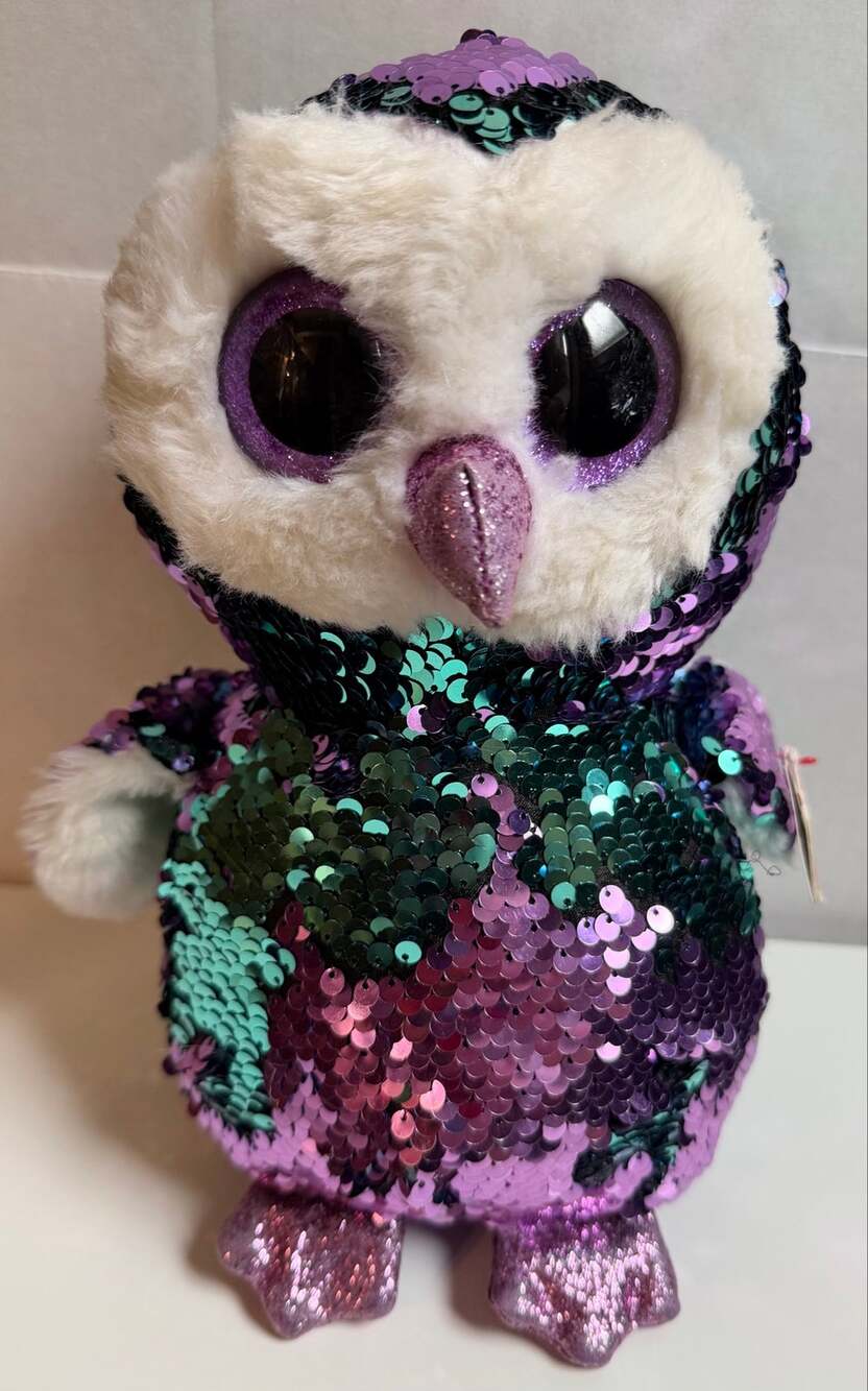 TY Flippables Moonlight Owl 9" Purple Teal Sequin Beanie Boos Plush With Tag